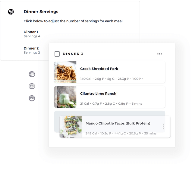 Meal plan customization settings, and drag and drop of a recipe card