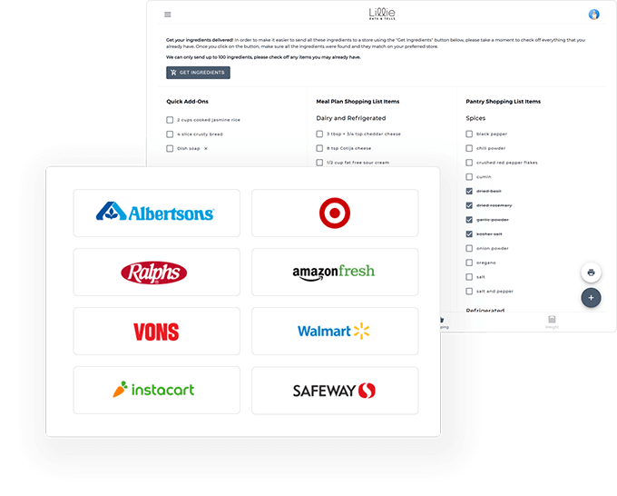 Image of our shopping list and some of the store options available for grocery delivery
